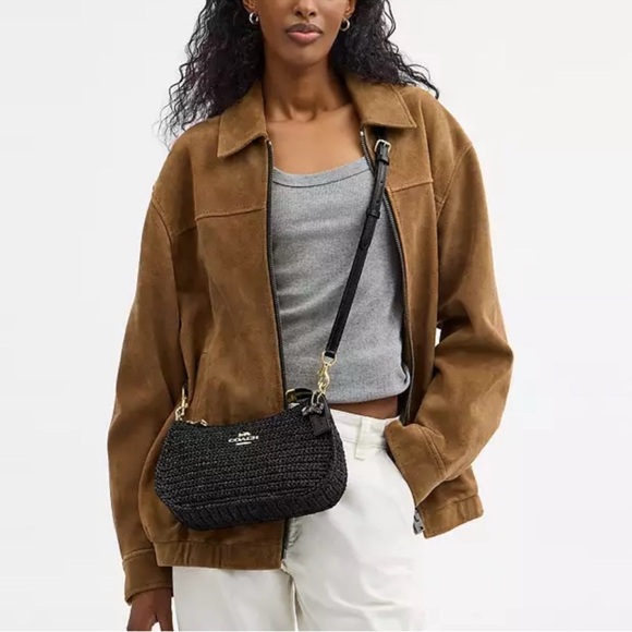 🖤Coach NWT Teri Black Woven Shoulder Bag with crossbody Gold Hardware &Bow Charm - Picture 3 of 7